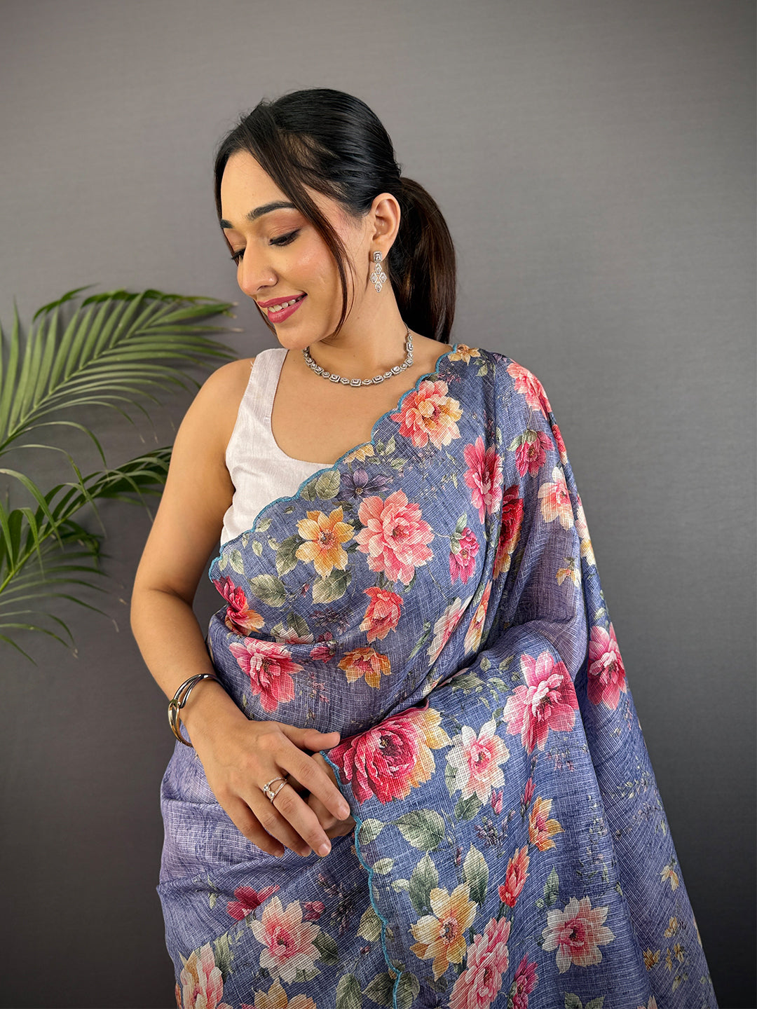 Denim Blue Kota Doriya Floral Cut Work Saree