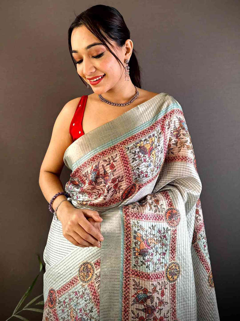 Graceful Mint Green Soft Silk Chex Saree