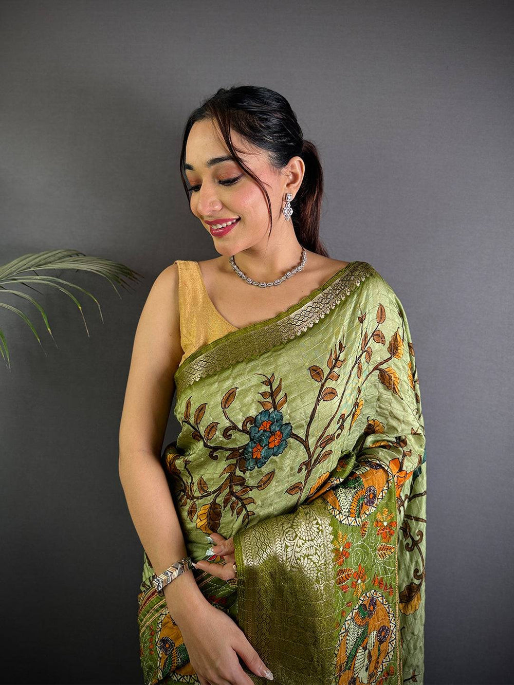 Light Olive Pure Viscose Floral Printed Saree