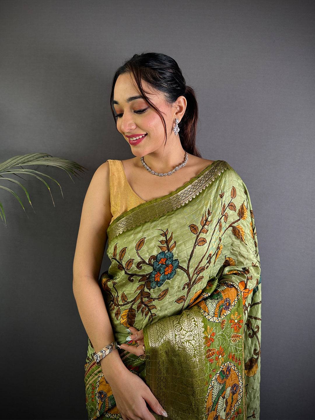 Light Olive Pure Viscose Floral Printed Saree