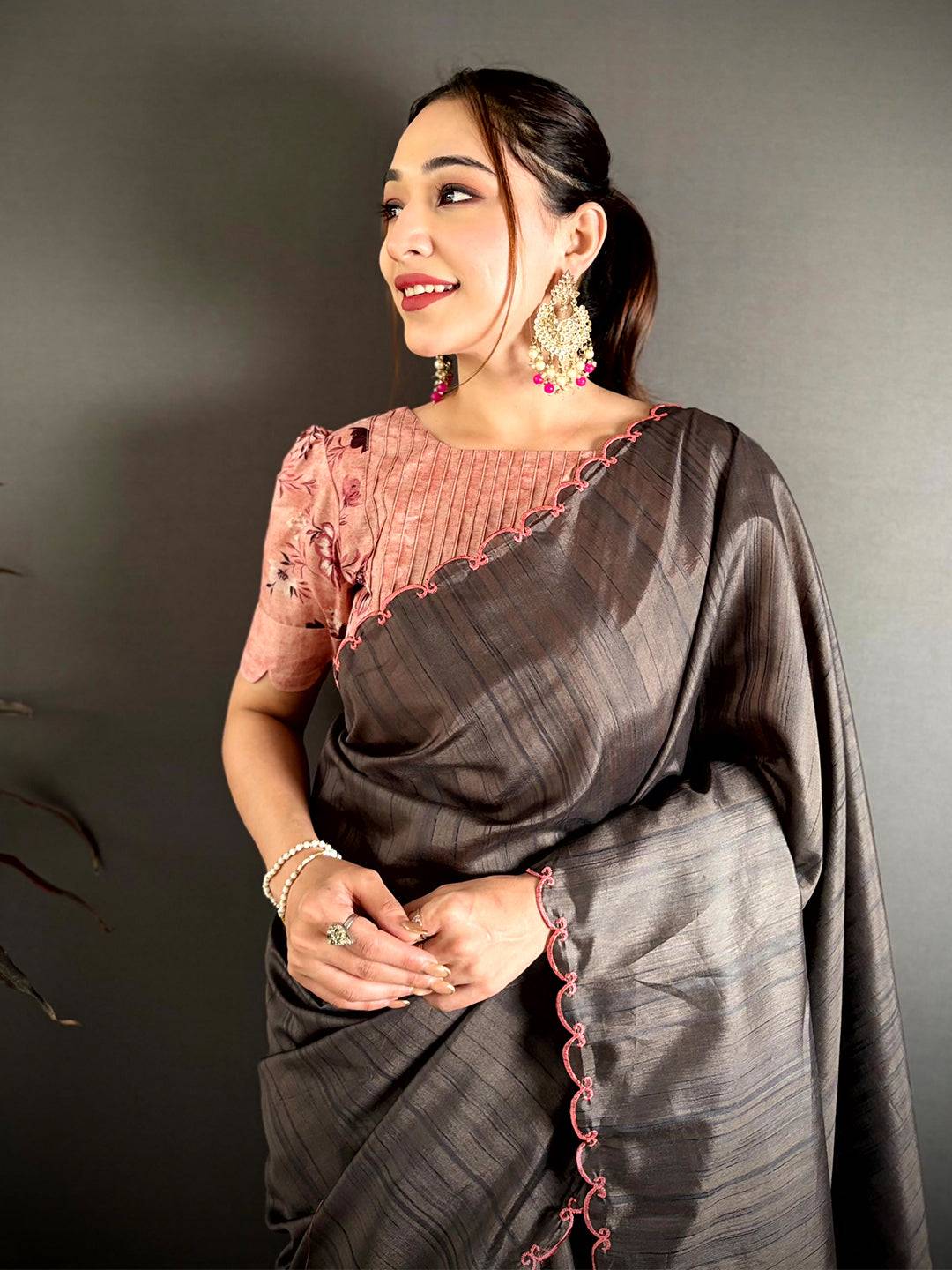 Korean Tussar Contrast Cutwork Saree