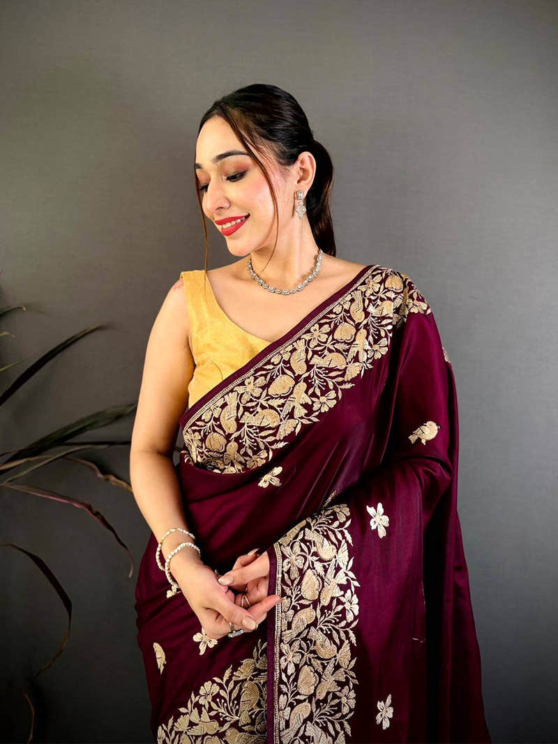Wine Aari Bird Work Soft Satin Saree