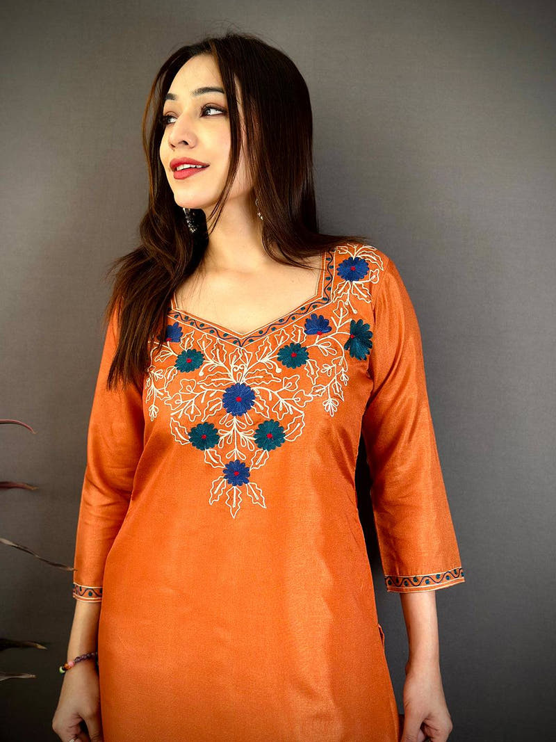 Rust Orange Ari Work Cotton Zari Kurti