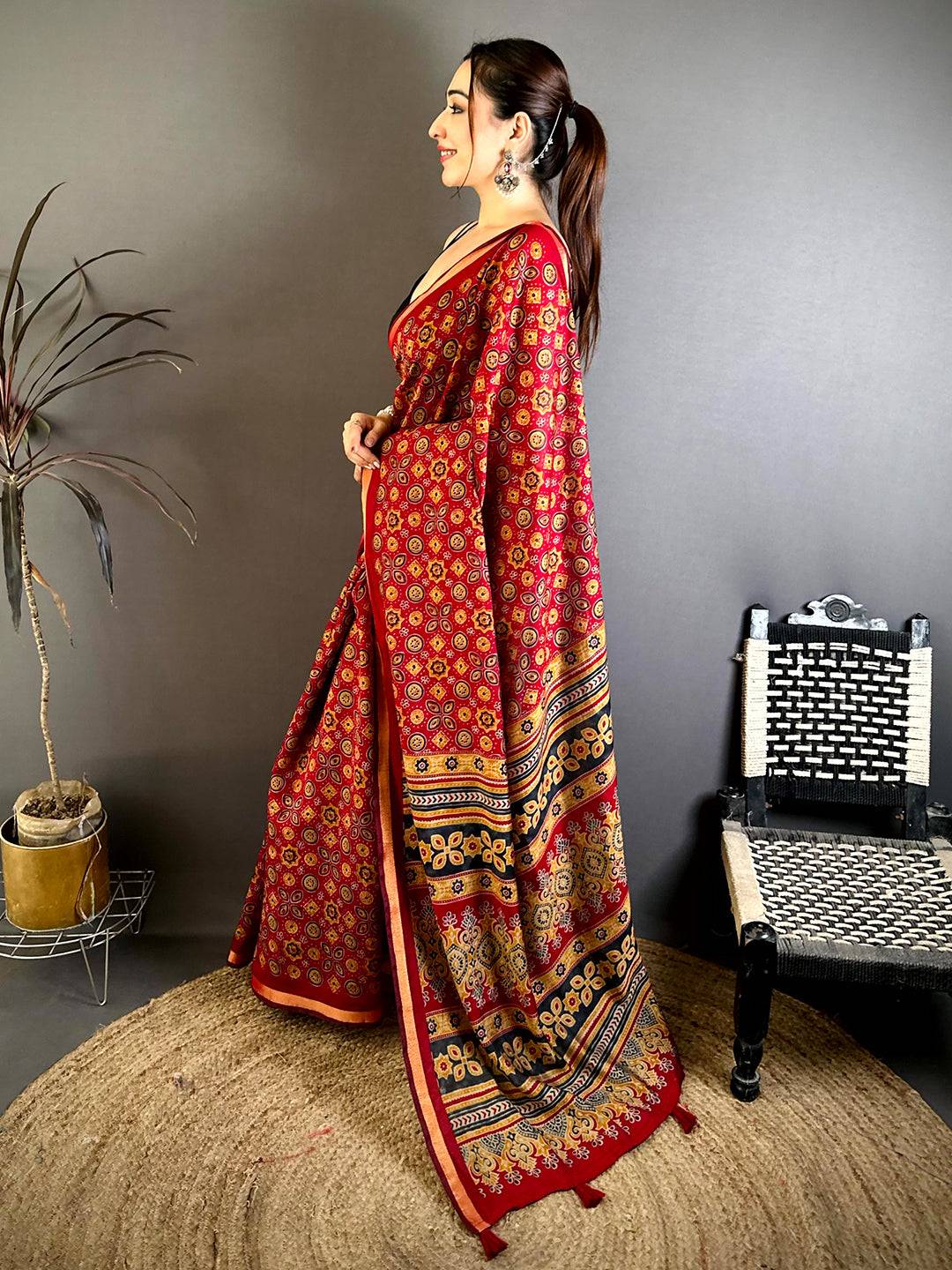 Red Mul Cotton Ajrak Vintage Print Saree