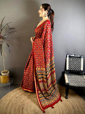 Red Mul Cotton Ajrak Vintage Print Saree