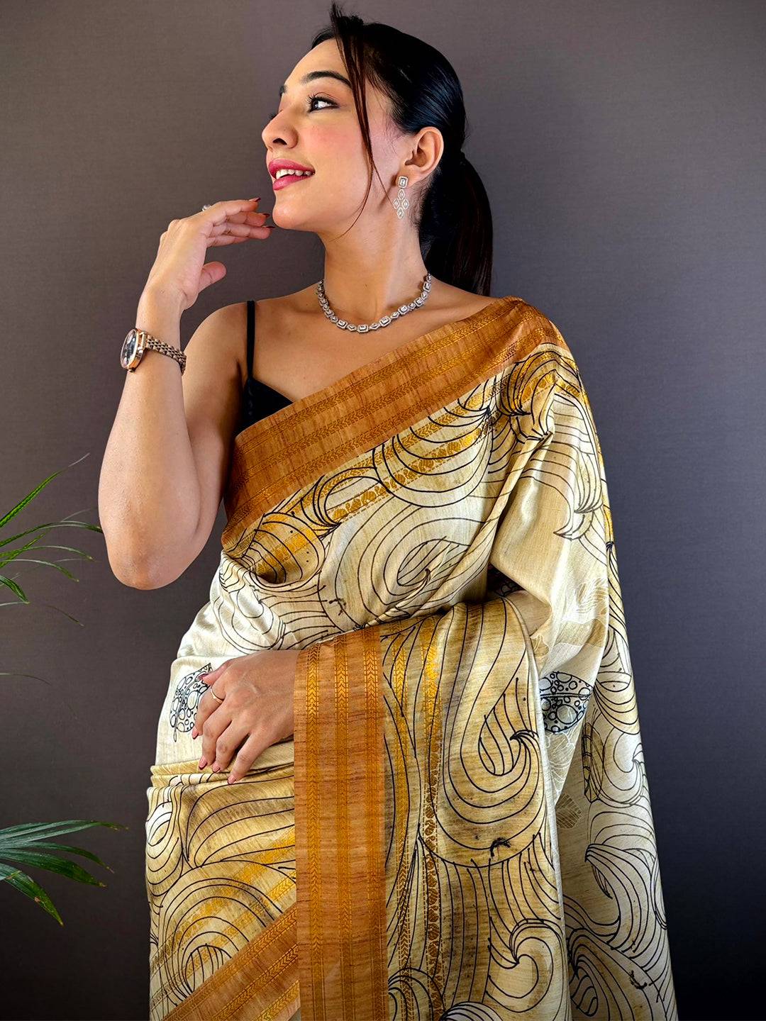 Olive Soft Silk Ocean Wave Patterns Saree