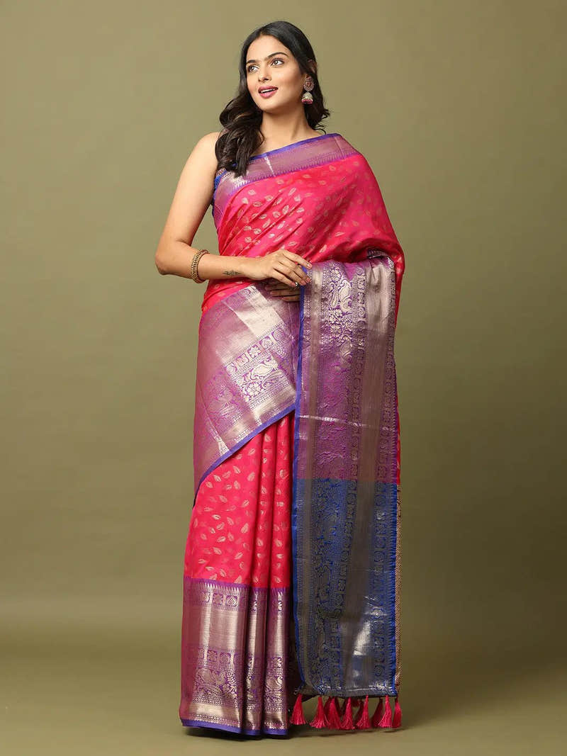 Rani Pink Soft Banarasi Silk Saree with Royal Blue Zari Border