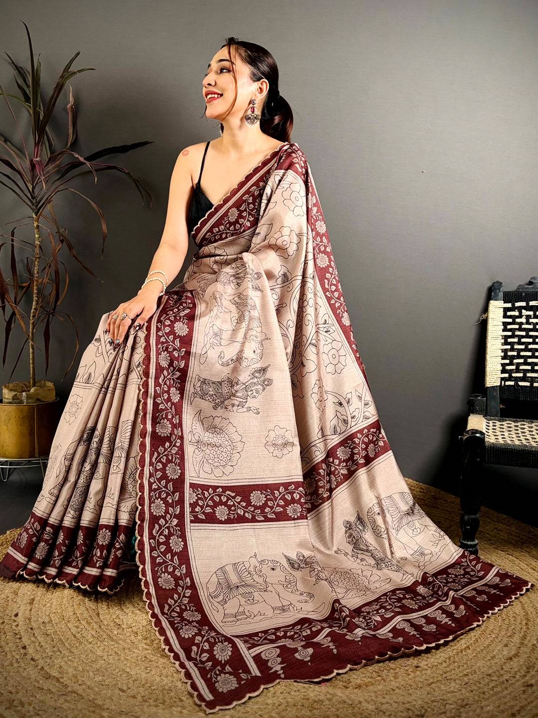 Heritage Pen Kalamkari Printed Tussar Saree

