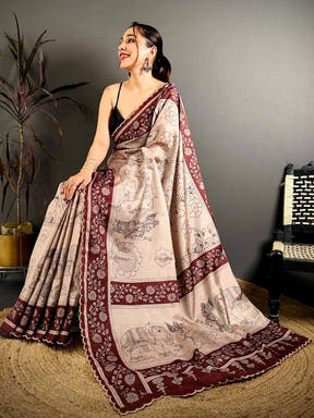 Heritage Pen Kalamkari Printed Tussar Saree

