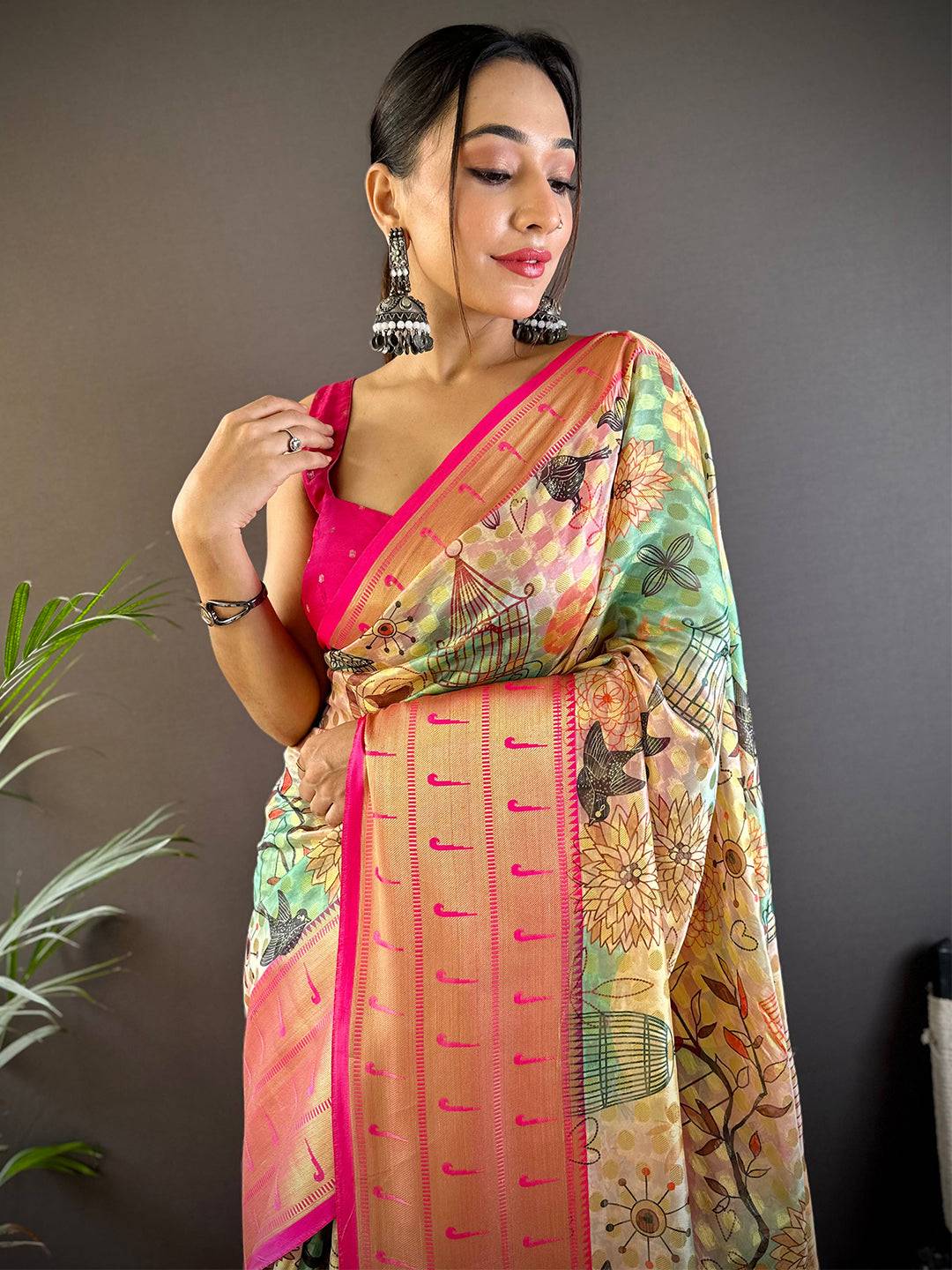 Multi Digital Paithani Kora Silk Saree