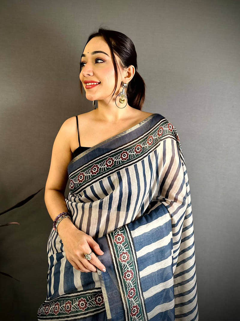 Timeless Ajrakh Print Linen Saree