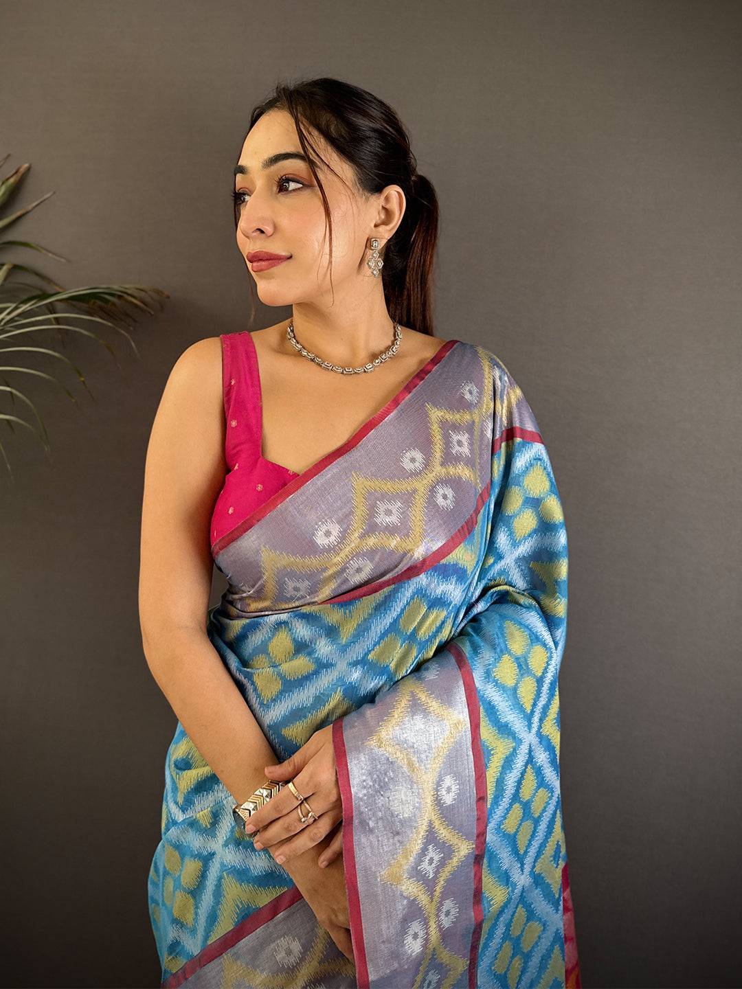 Multi Temple Ikkat Soft Silk Saree

