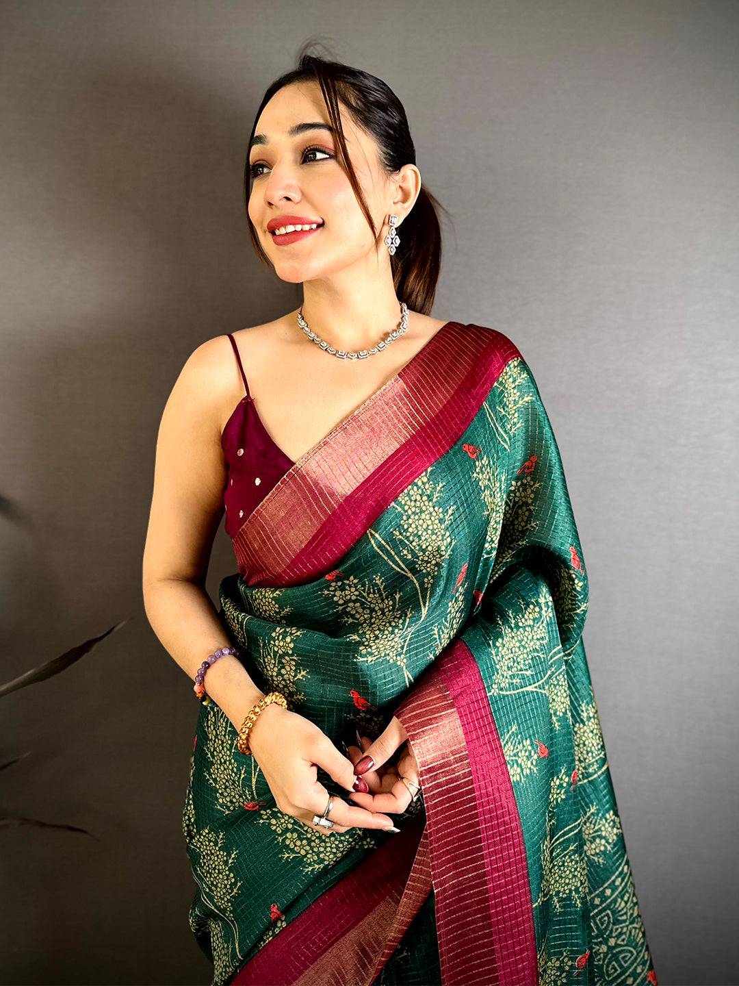 Green Tussar Zari Chex Bird Motif Saree
