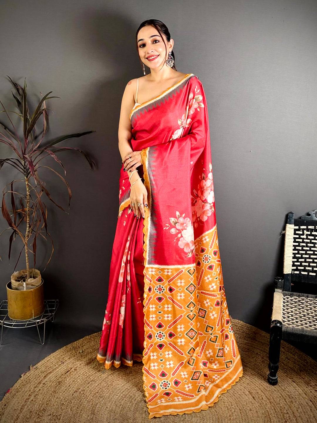 Classic Tussar Floral Ikkat Printed Saree

