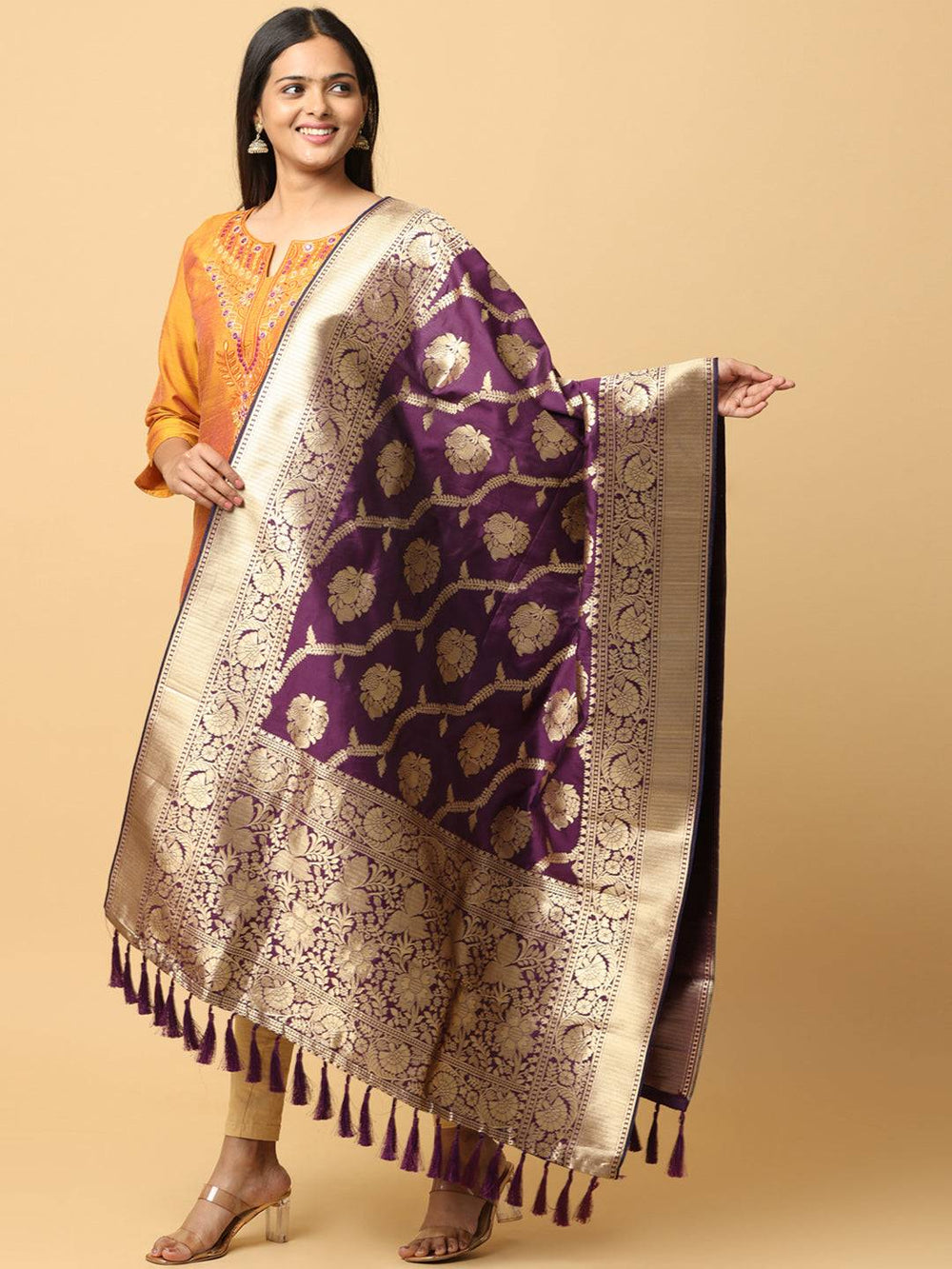 Elegant wine silk blend dupatta with intricate woven patterns