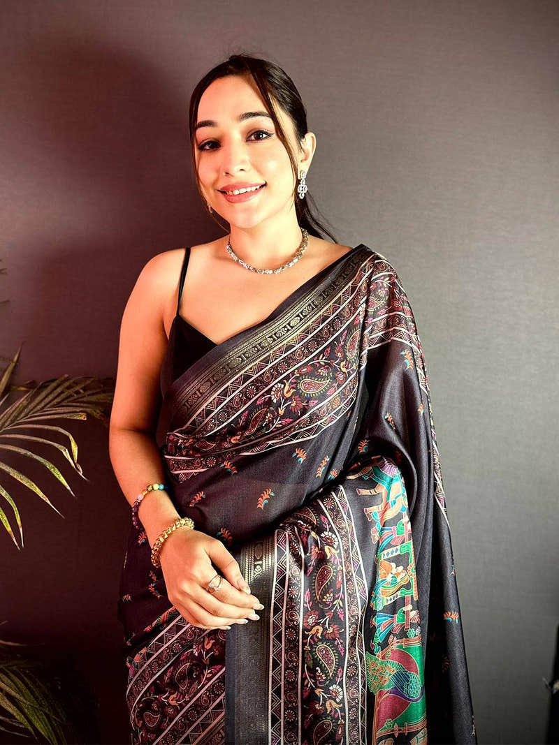 Black Kashmiri Kalamkari Soft Silk Saree