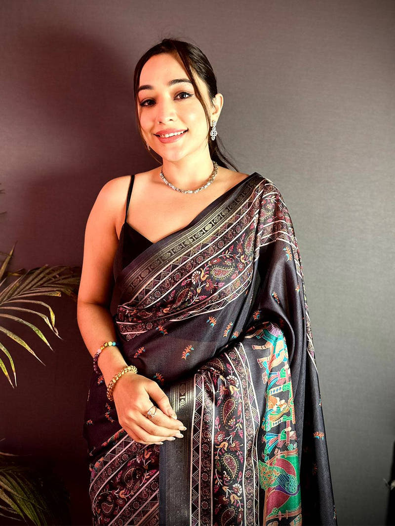 Coffee Kashmiri Kalamkari Soft Silk Saree