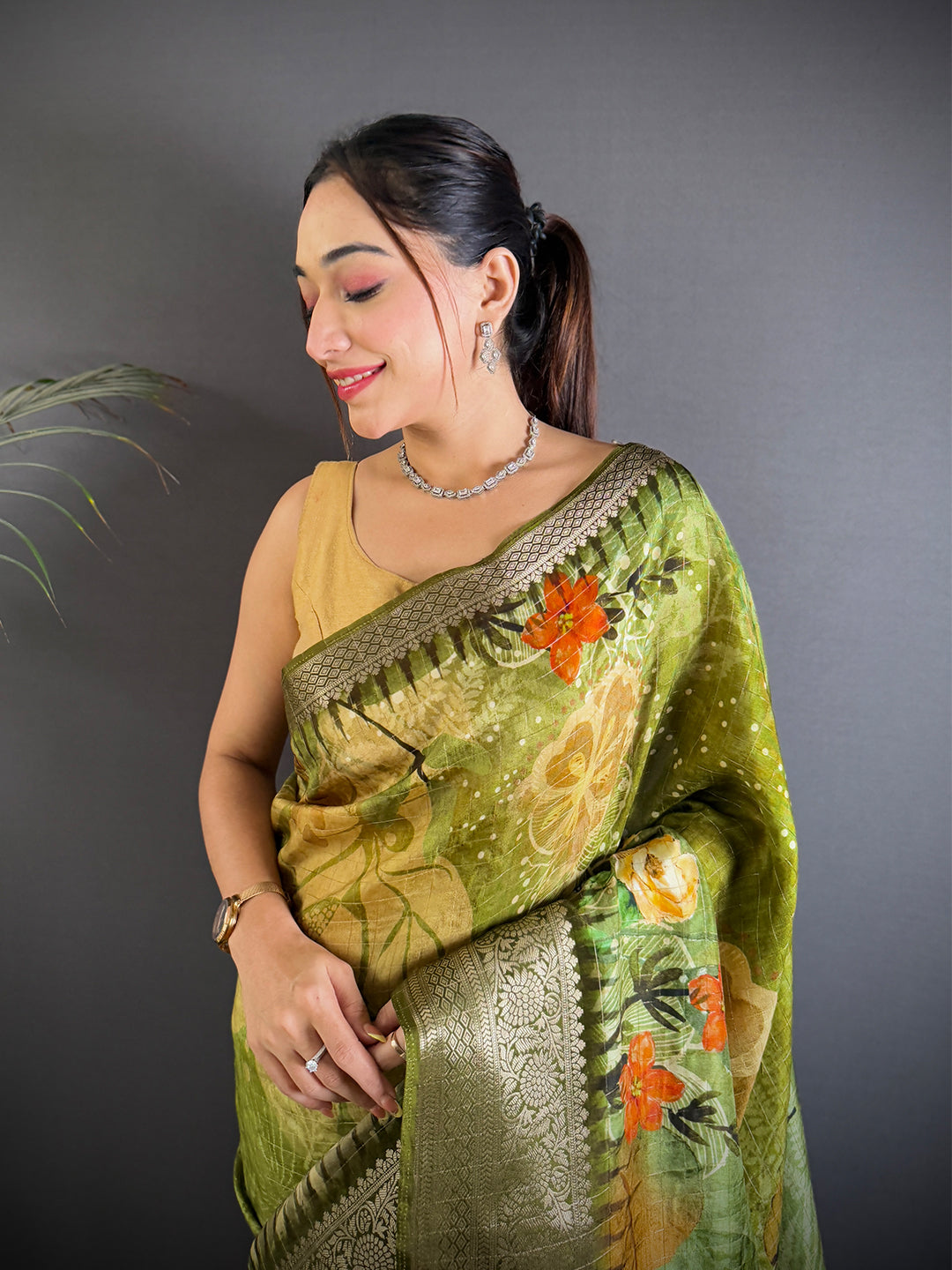 Serene Olive Floral Elegance Saree