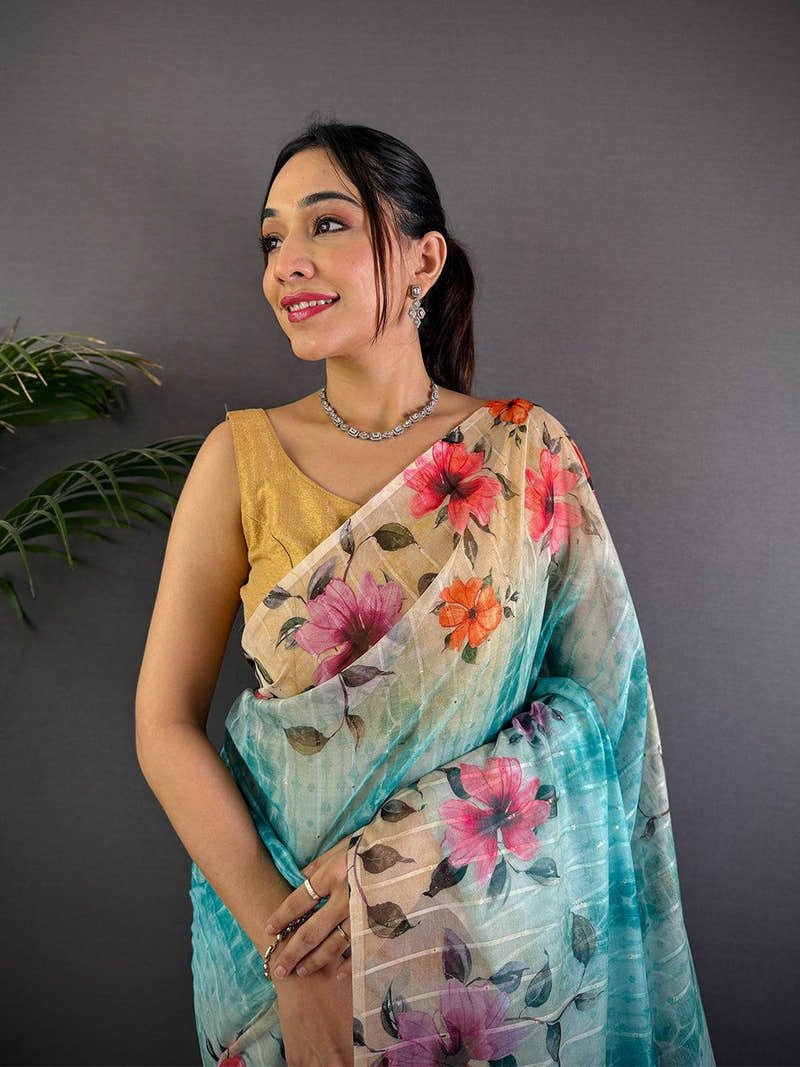 Turquoise Soft Organza Digital Floral Saree