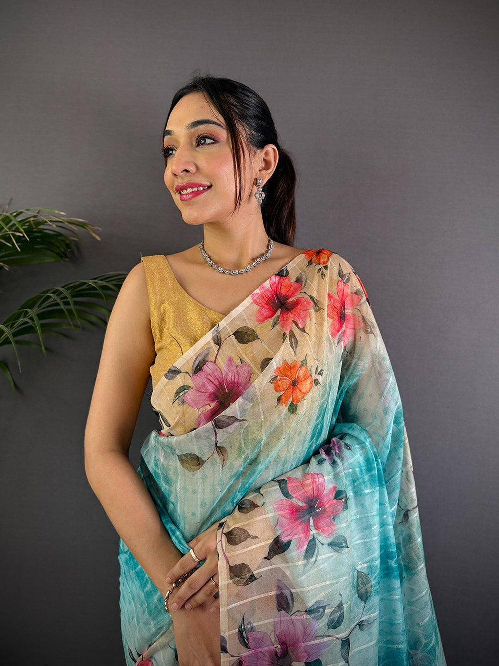 Turquoise Soft Organza Digital Floral Saree