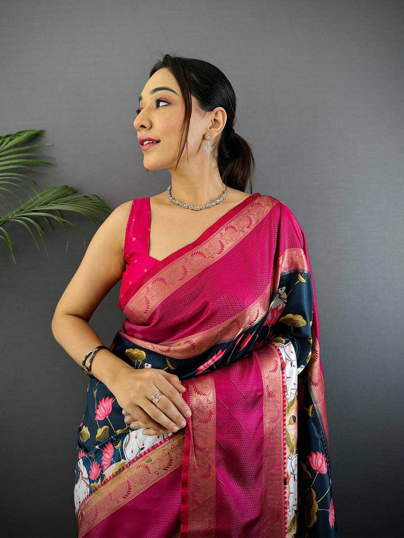 Navy Pichwai Print Banarasi Silk Saree