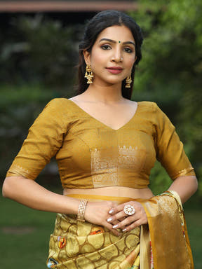 Yellow Pure Viscose Dola Silk Floral & Kalamkari Print Saree