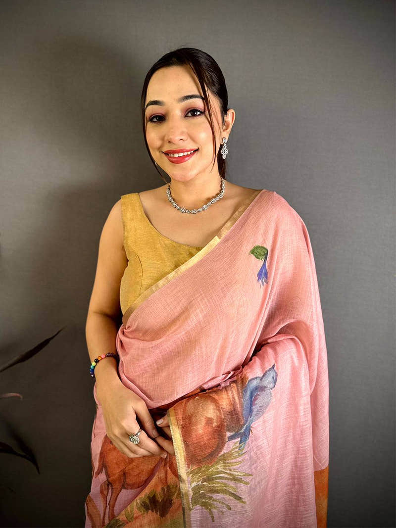 Blush Pink Animal Print Linen Chanderi Saree