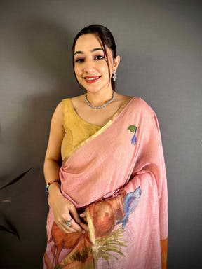 Blush Pink Animal Print Linen Chanderi Saree