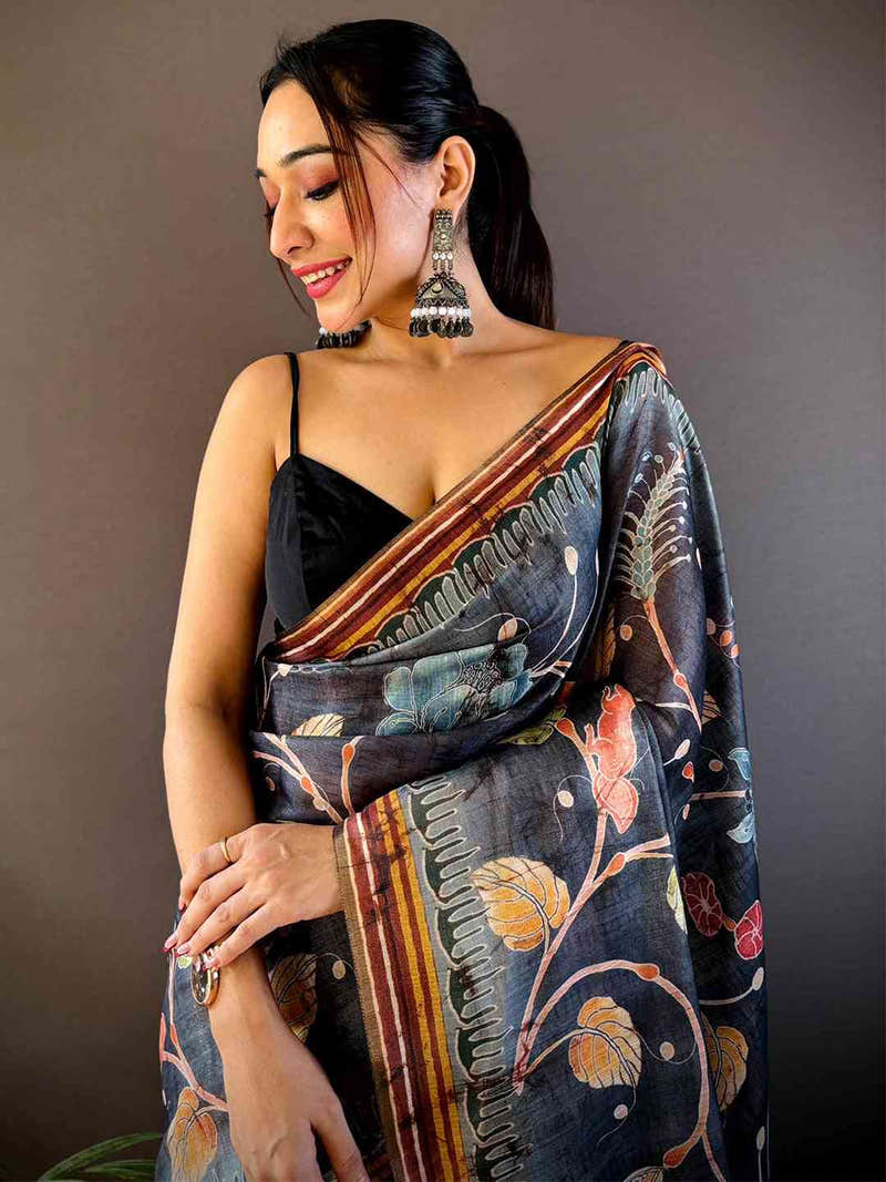 Black Tissue Chanderi Kalamkari Saree