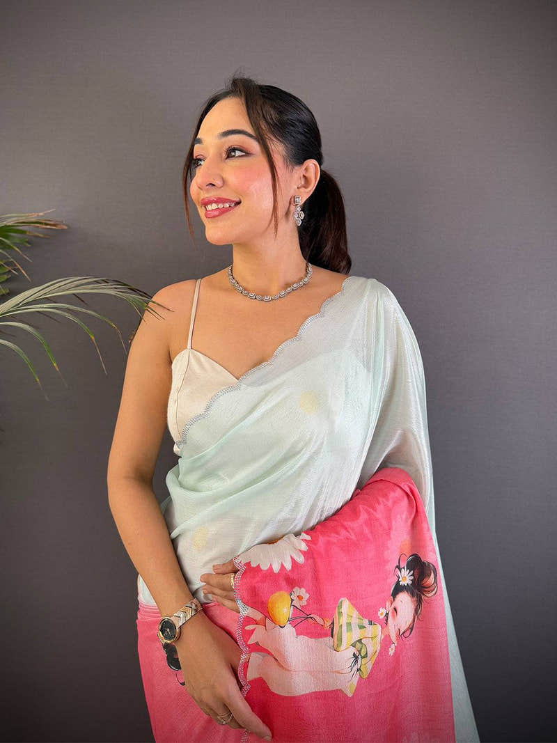 Radiant Barbie Digital Print Chinnon Saree