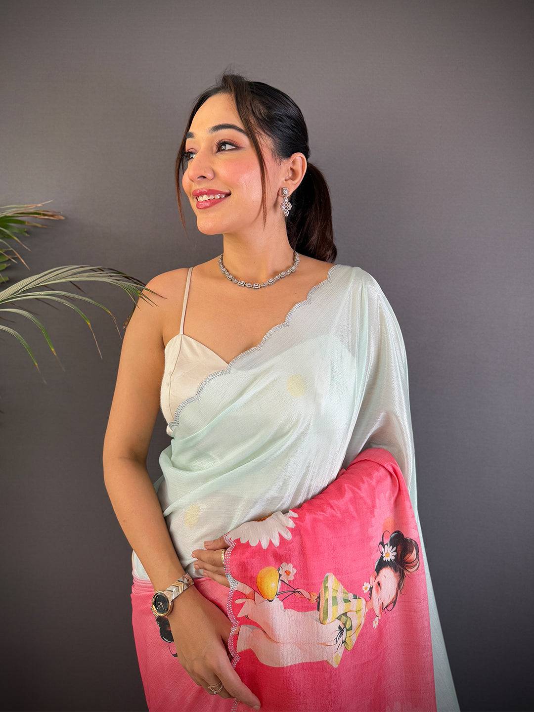 Radiant Barbie Digital Print Chinnon Saree