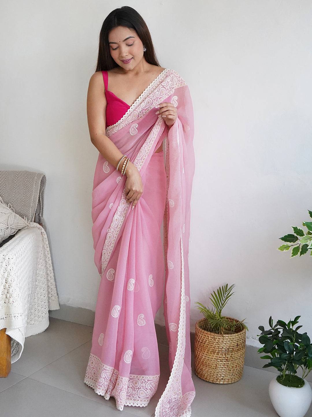 Lignt Pink Elegant Organza Simar Saree with Chikankari Work