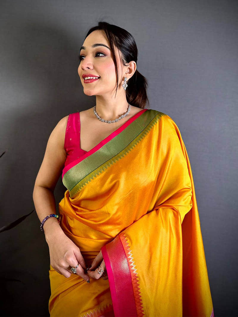 Yellow Ganga Jamuna Ikkat Katan Silk Saree