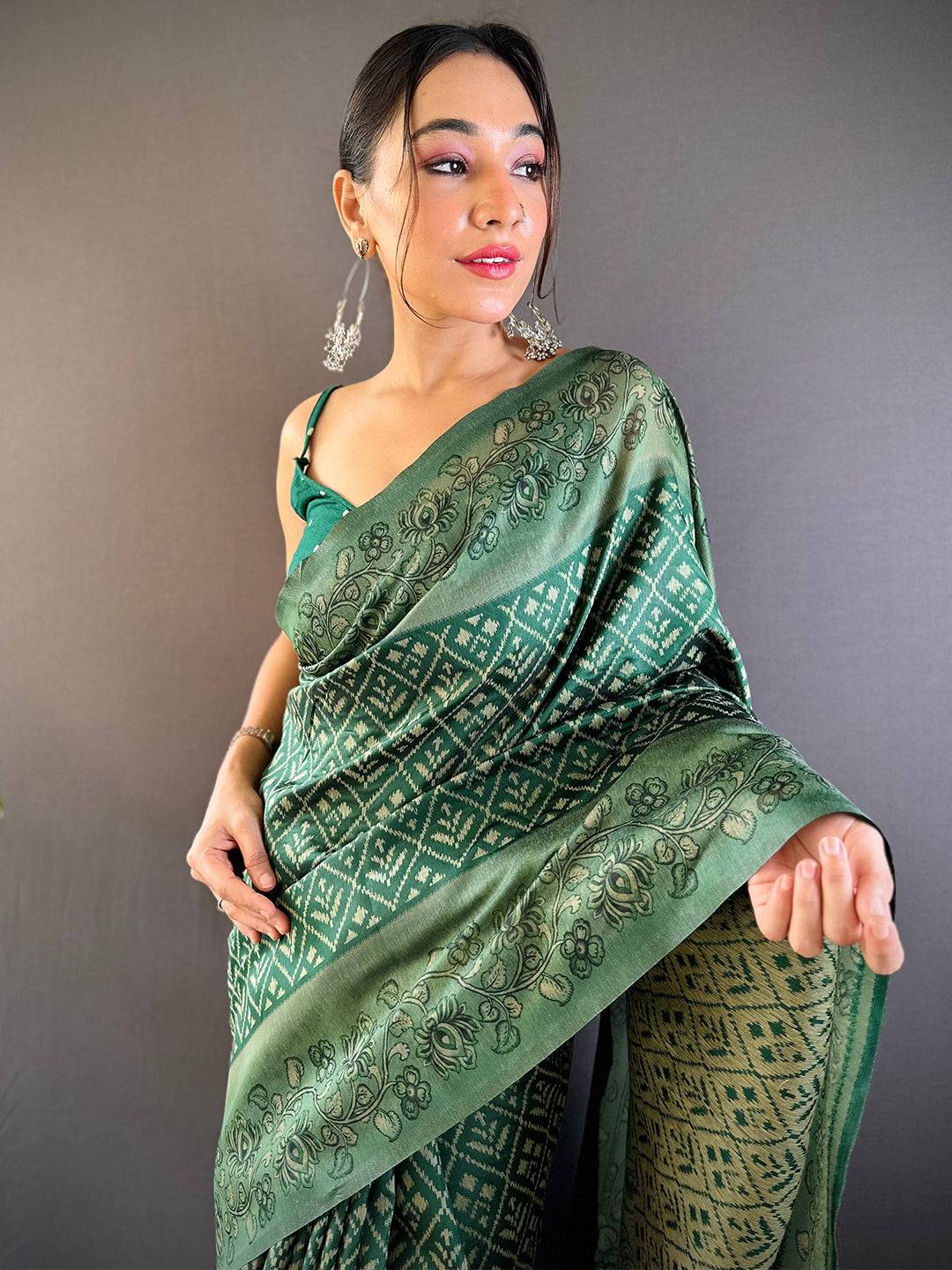 Bottle Green Patola Kalamkari Saree