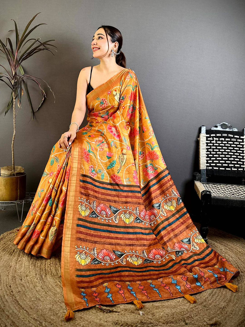 Regal Ghicha Tussar Pen Kalamkari Saree