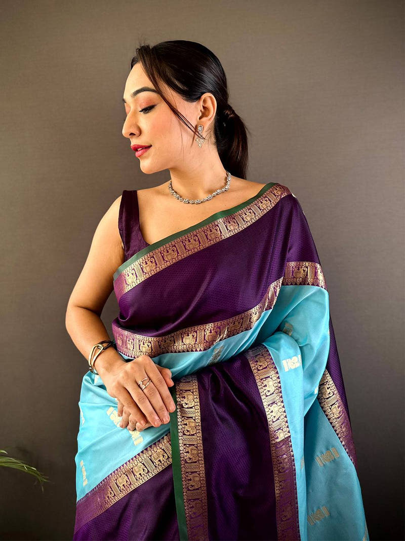 Ethereal Sky Gadhwal Soft Silk Saree