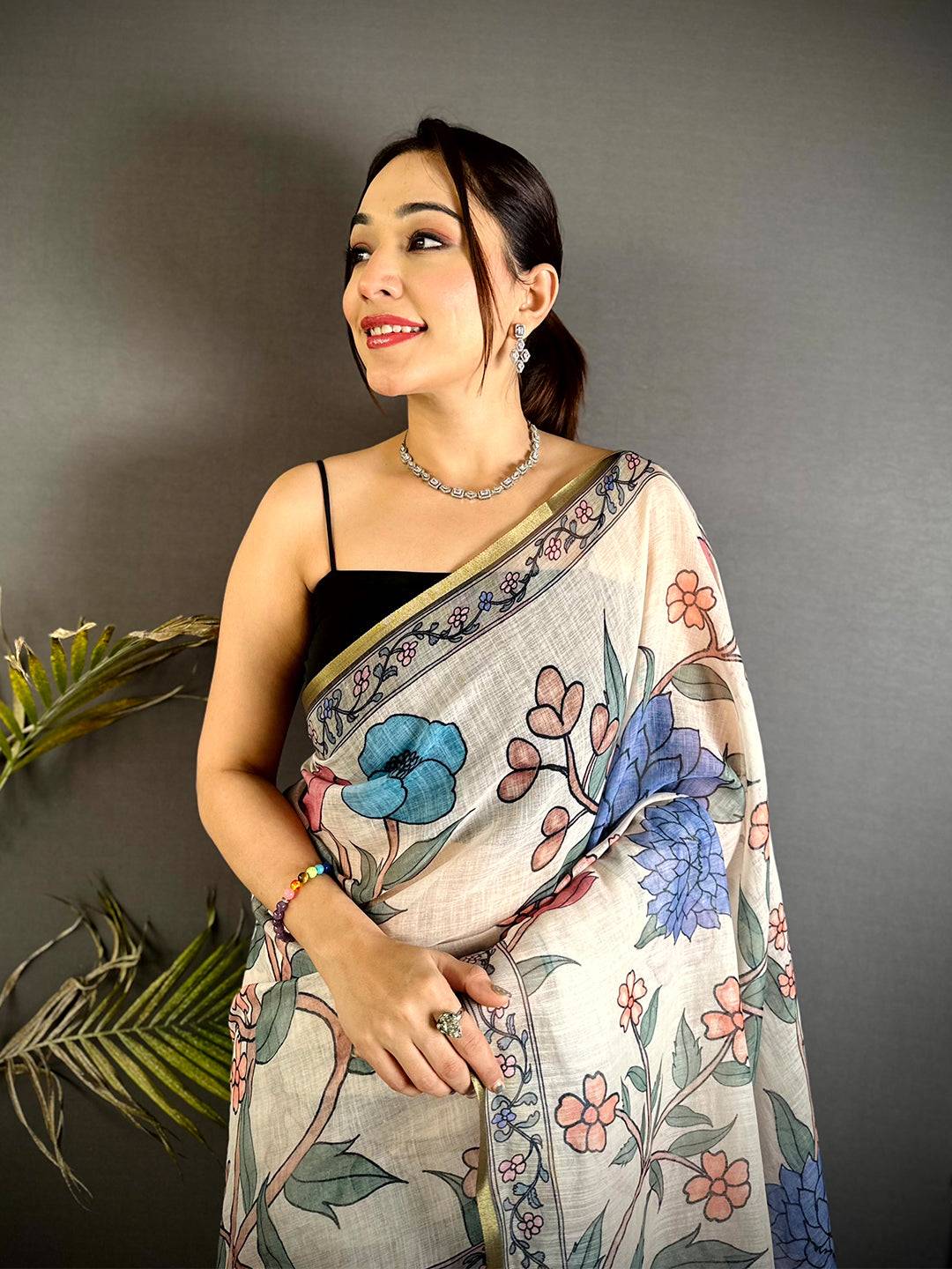 Ivory Floral Soft Linen Summer Saree


