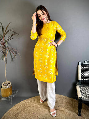 Yellow V Neck Tussar Ghicha Ethnic Kurti