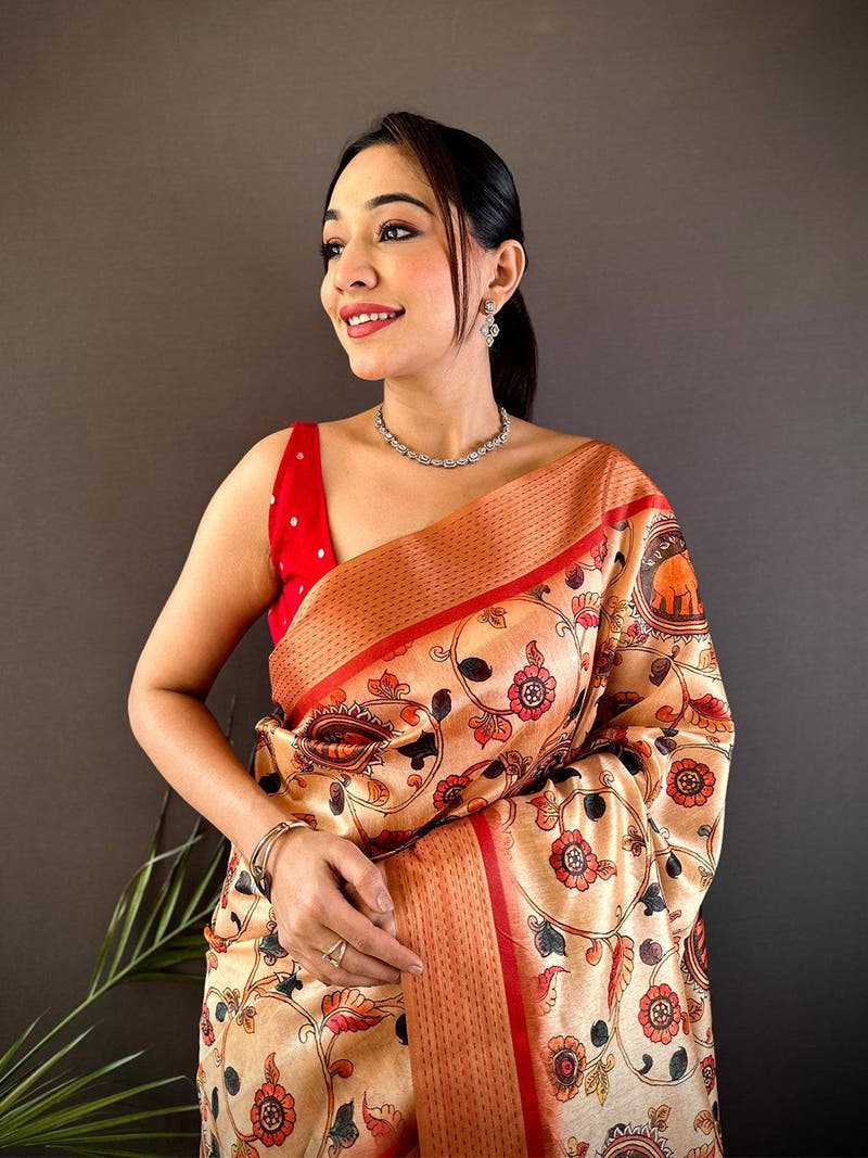 Beige Digital Kalamkari Printed Tussar Silk Saree