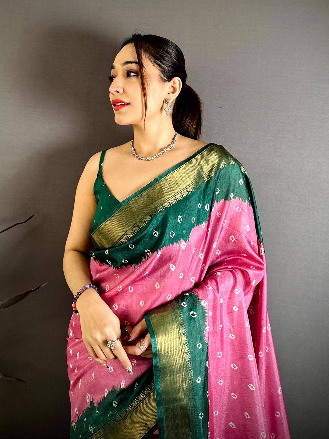 Pink Bandhej Printed Dola Silk Saree