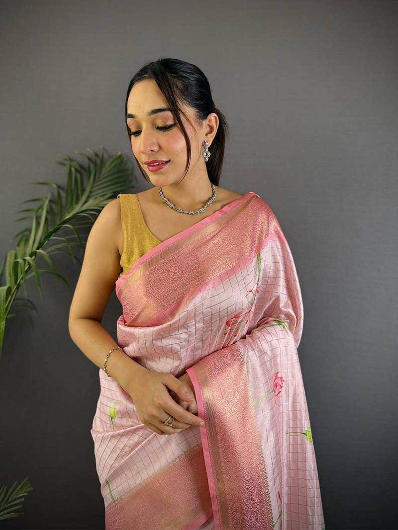 Rose Pink Banarasi Silk Digital Printed Saree