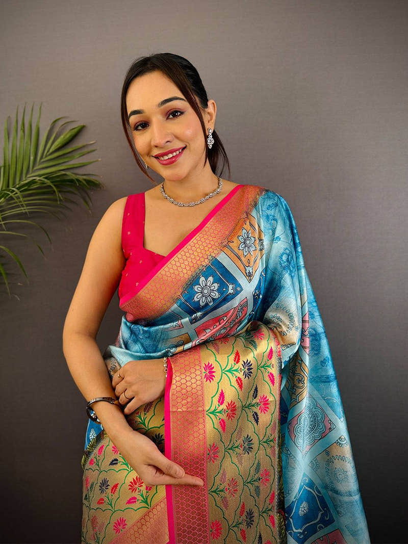 Sky Blue Freehand Digital Print Soft Silk Saree