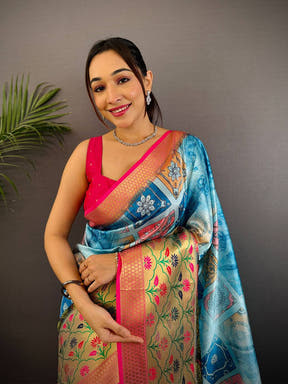 Sky Blue Freehand Digital Print Soft Silk Saree