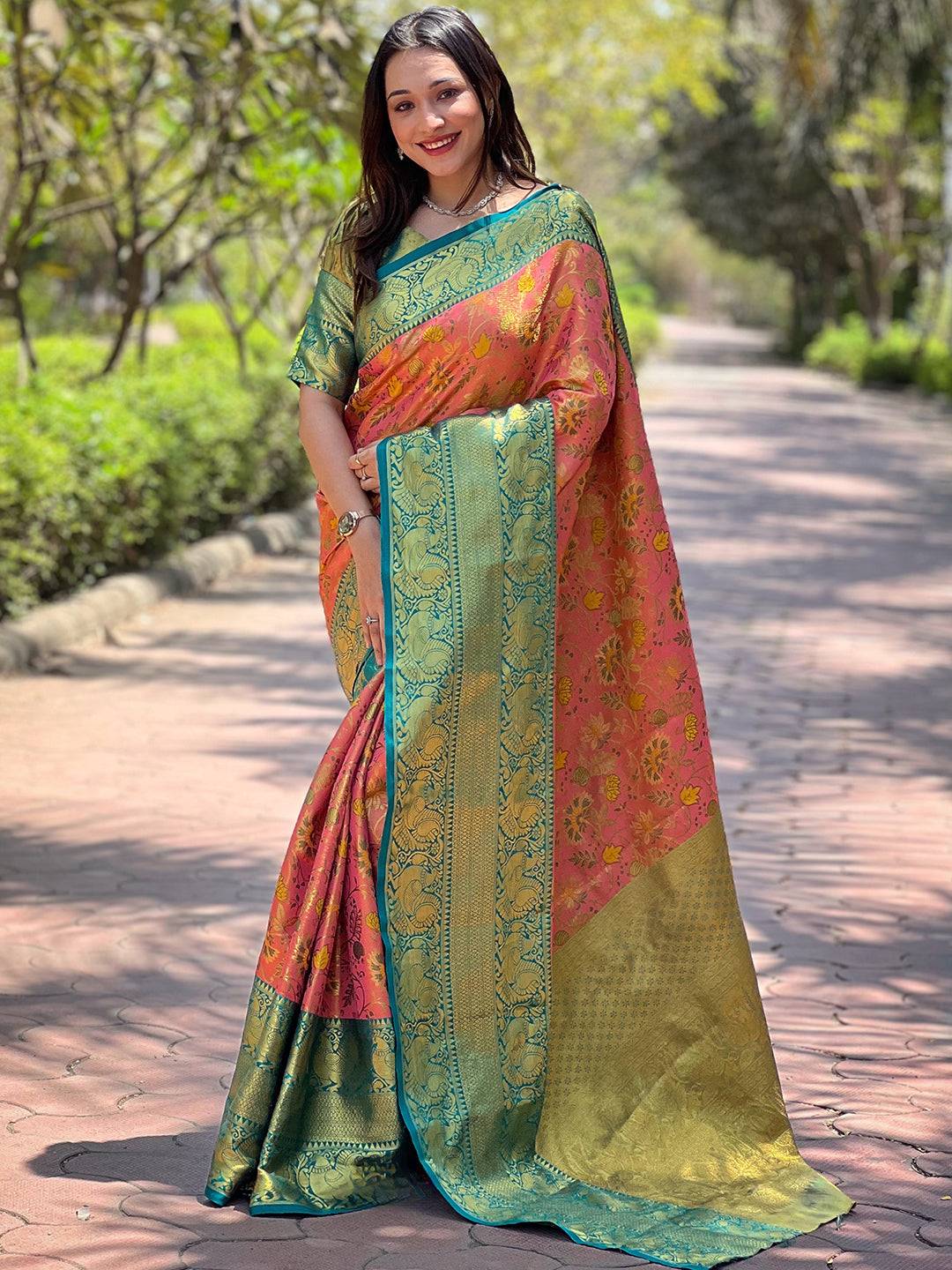 Elegant pink Banarasi saree with green border