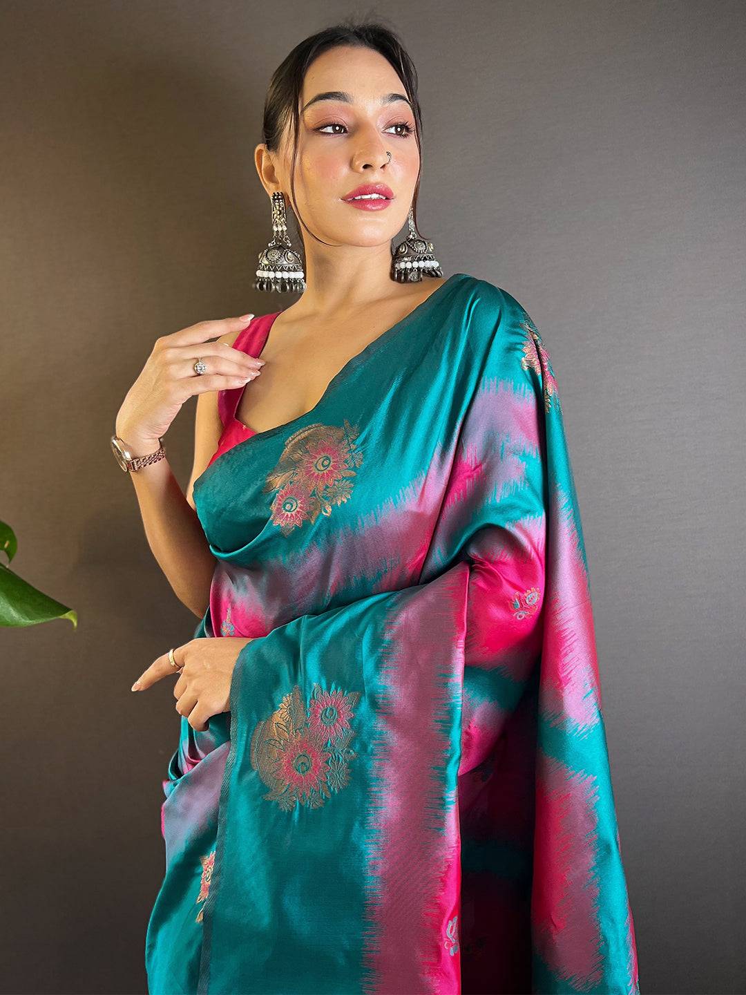 Rani Tussar Silk Ikkat Weaving Saree draped elegantly.
