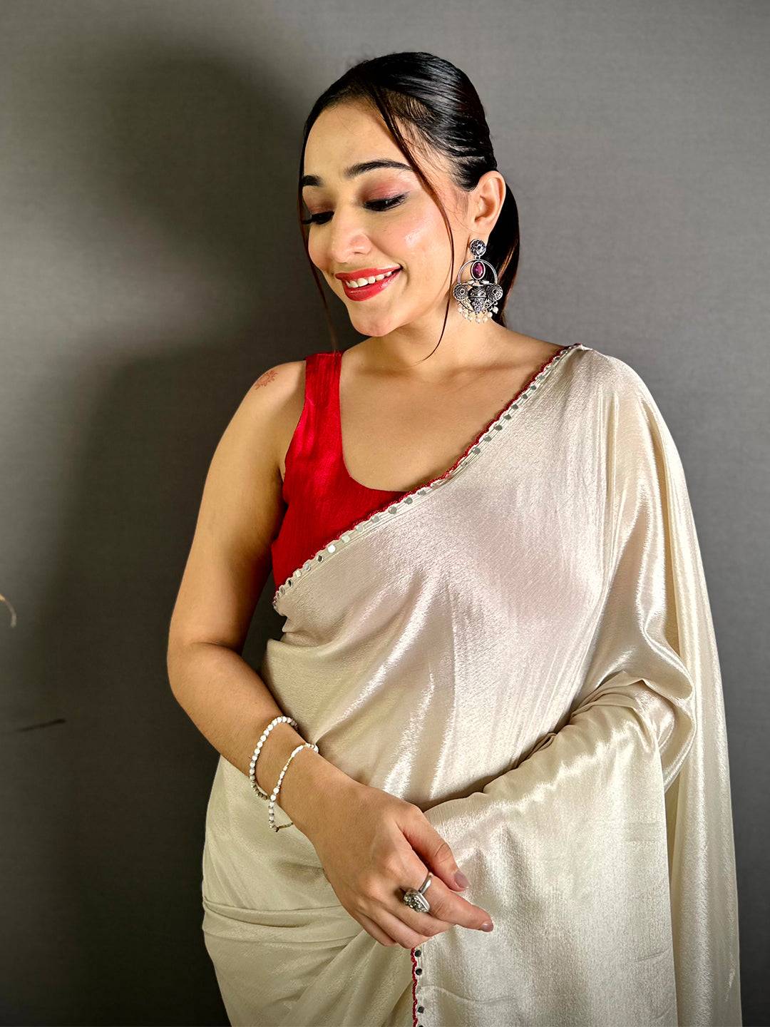 White Vichitra Real Mirror Work Tassel Saree