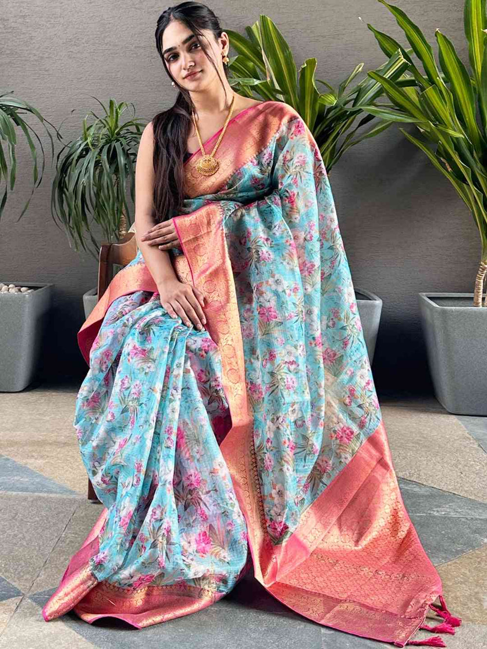 Trendy turquoise digital flower print Kota silk saree