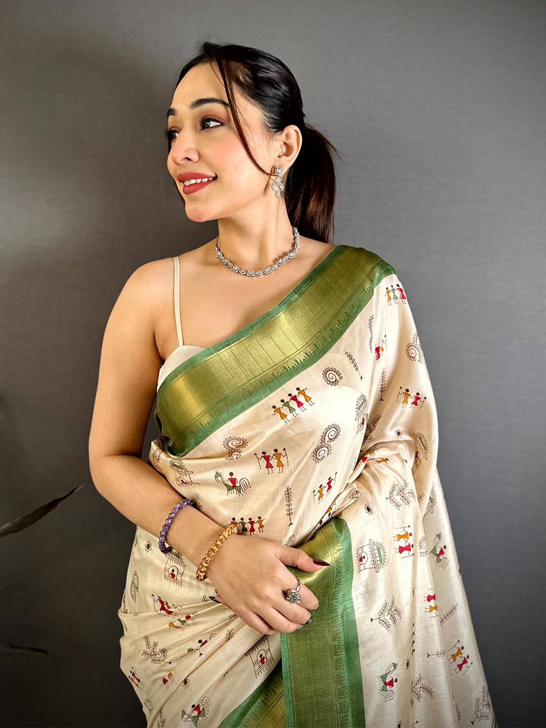Green Soft Dola Silk Warli Print Saree