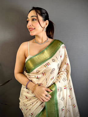 Green Soft Dola Silk Warli Print Saree