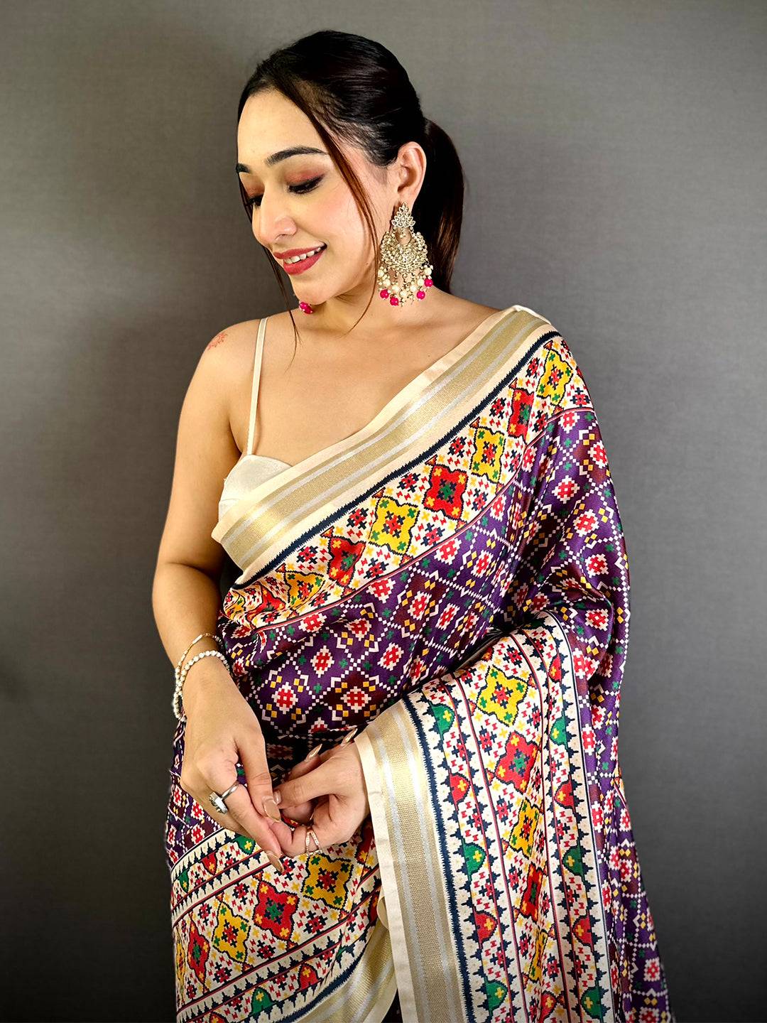 Purple Ethnic Digital Ikkat Kanchi Saree